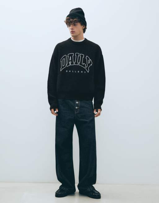 Bershka Embroidered waffle-knit jumper in black, 2 of 6