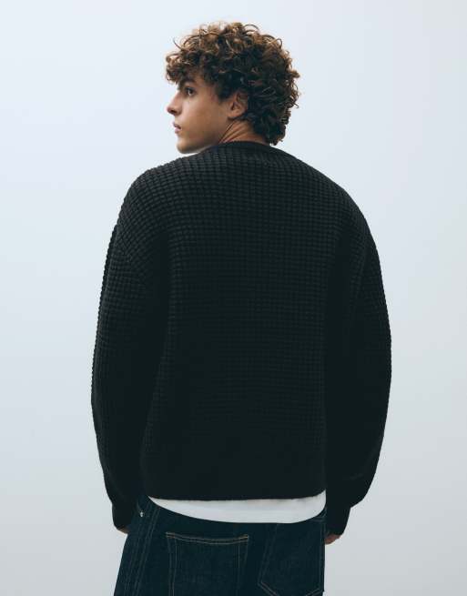 Bershka Embroidered waffle-knit jumper in black, 4 of 6