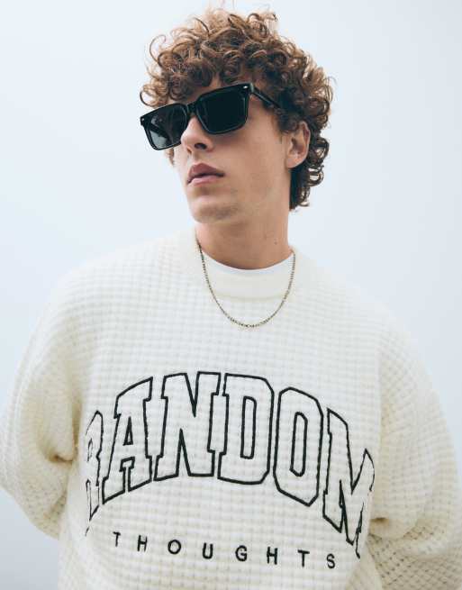 Bershka Embroidered waffle-knit jumper in white, 3 of 6