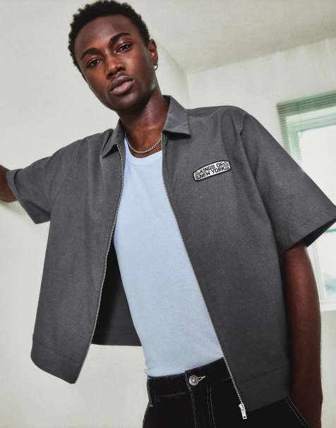 Bershka Embroidered zip short sleeve shirt in grey&black - view 1