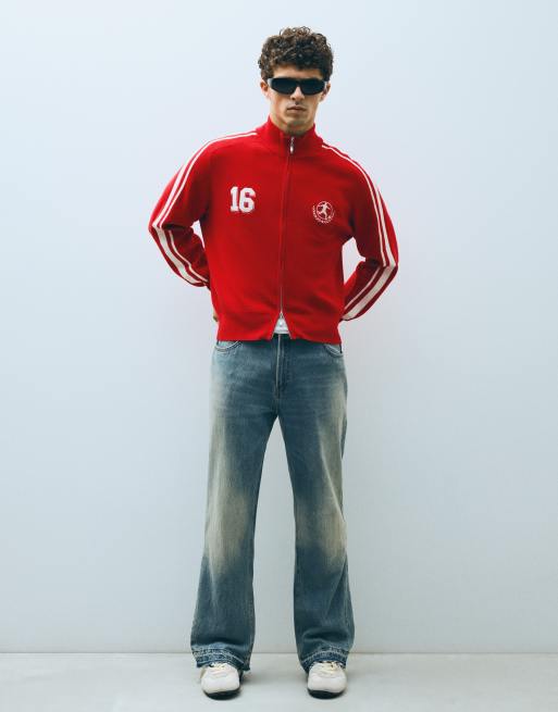Bershka Embroidered zip-up jacket in red, 3 of 6