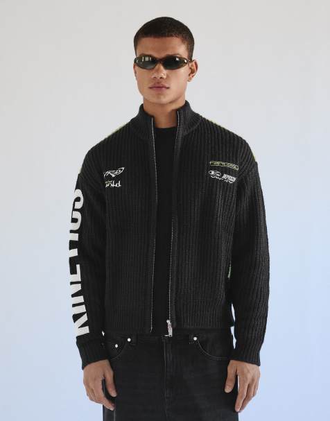 Bershka Embroidered zip-up knit jacket in black - view 1