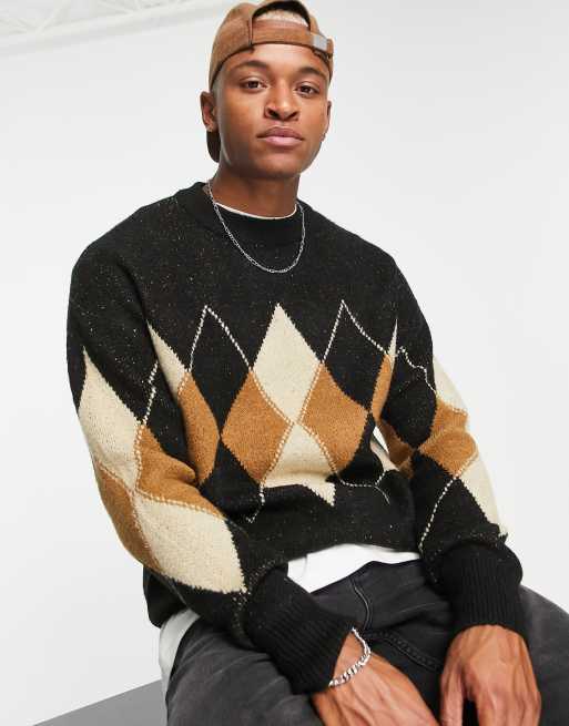 Bershka Exclusive – Czarny dzianinowy sweter oversize we wzór w romby 