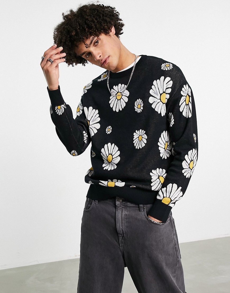 Bershka Exclusive knit sweater in flower design-Black