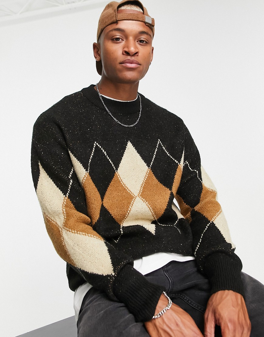 Bershka Exclusive oversized argyle knit sweater in black
