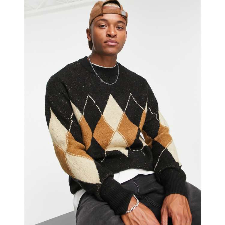 Bershka Exclusive oversized argyle knit sweater in black