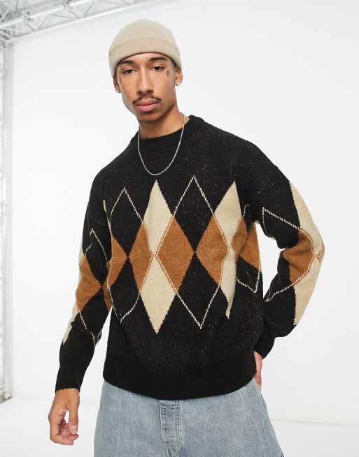 Bershka exclusive oversized argyle knitted jumper in black