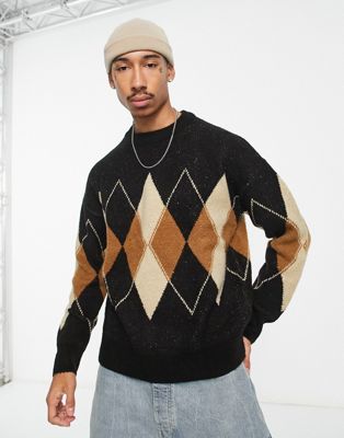 Bershka exclusive oversized argyll knitted jumper in black