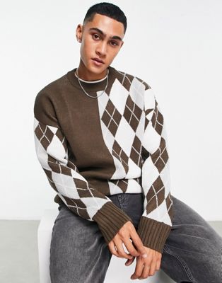 Bershka exclusive oversized argyll knitted jumper in brown