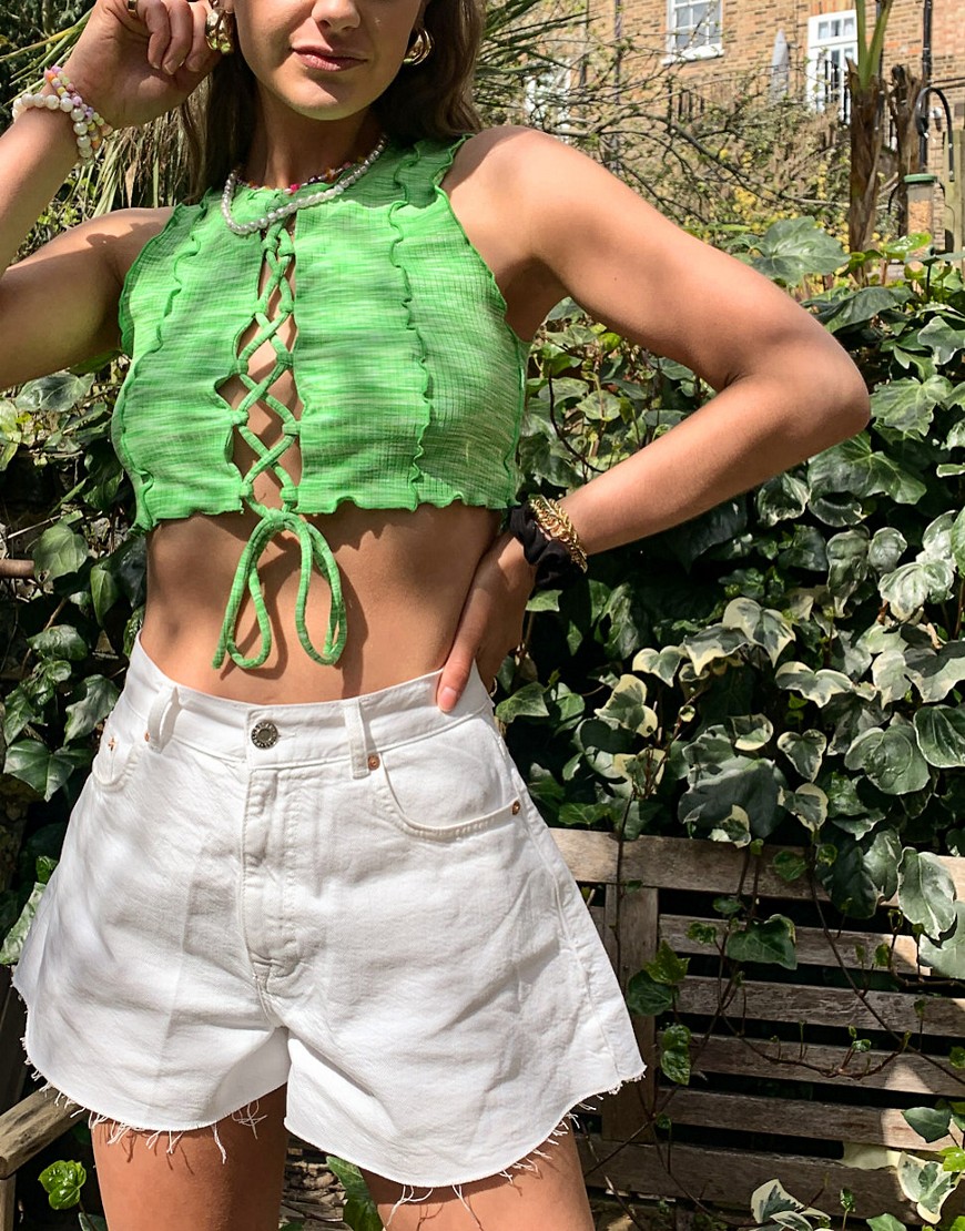 Bershka exposed seam lace up cropped tank set in green