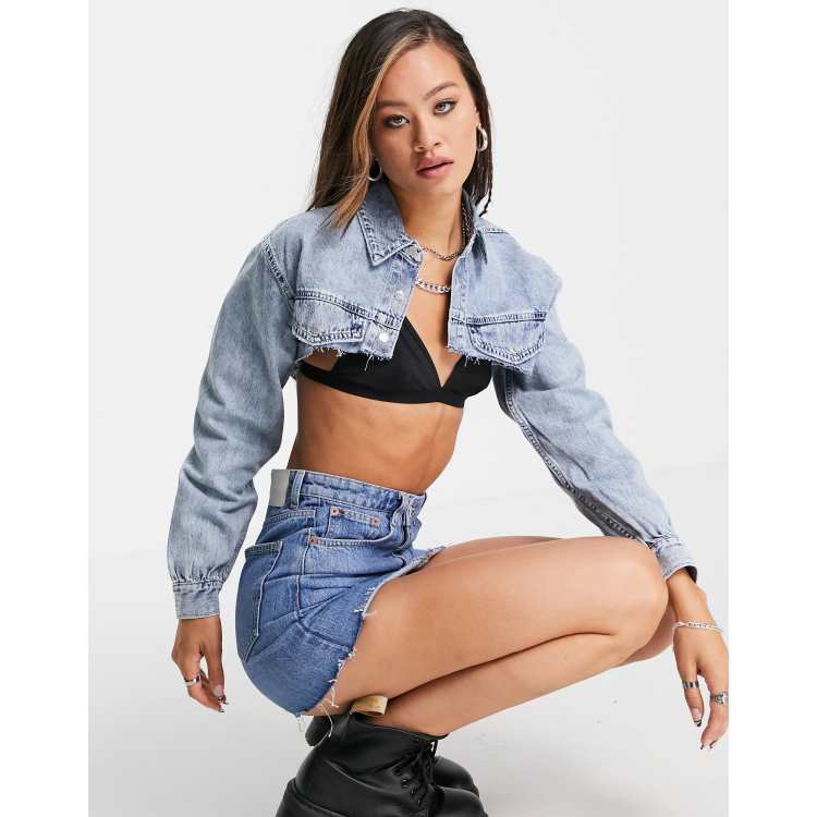 Extreme shoulder cropped denim hot sale jacket