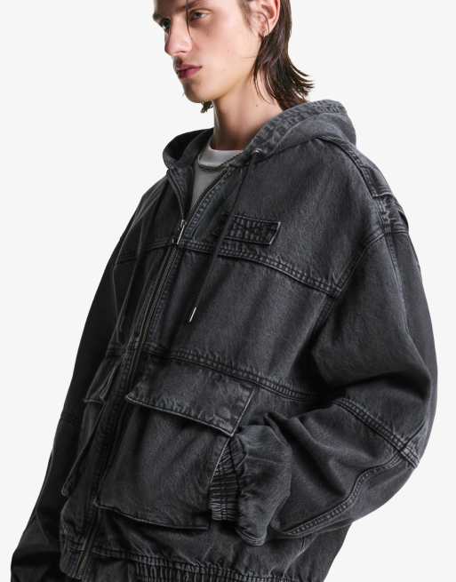 Bershka Faded-effect hooded jacket in black ASOS