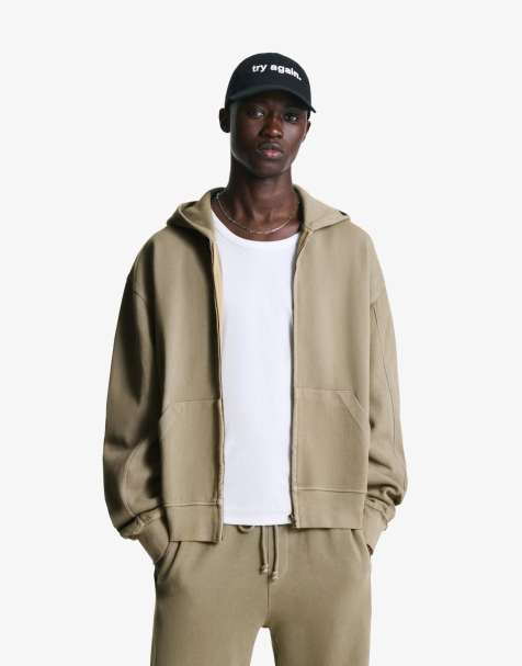 Bershka Faded-effect piqué sweatshirt with zip in sand