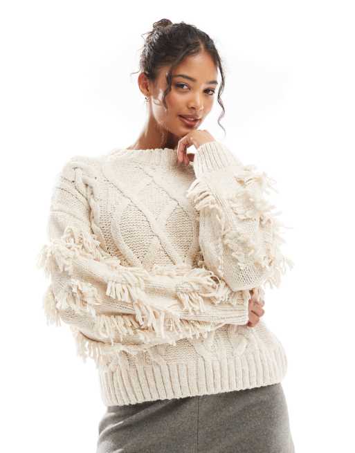 Bershka – Fakturowany gruby sweter z dzianiny o warkoczowym splocie w kolorze ecru, część zestawu