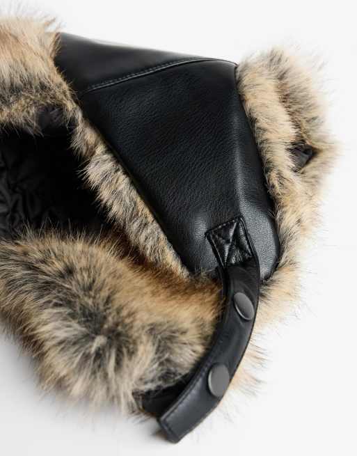 Bershka Faux fur aviator hat in black