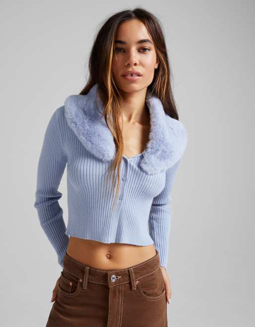 Bershka faux fur collar detail cardigan in blue
