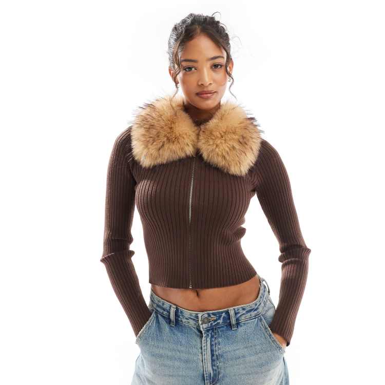 coor Curly Fake Fur Crop Jumper (Brown)