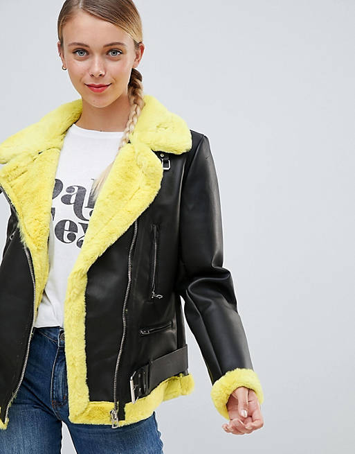 Bershka Faux Fur Contrast Biker Jacket