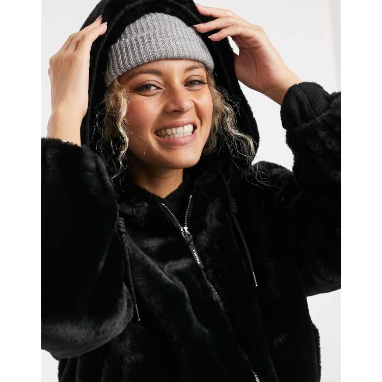 Black faux fur cropped hooded outlet jacket