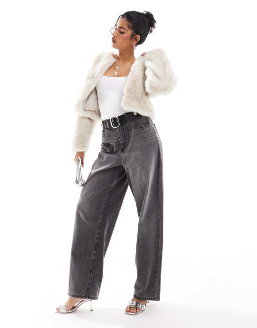 Bershka faux fur cropped jacket in cream, 3 of 4