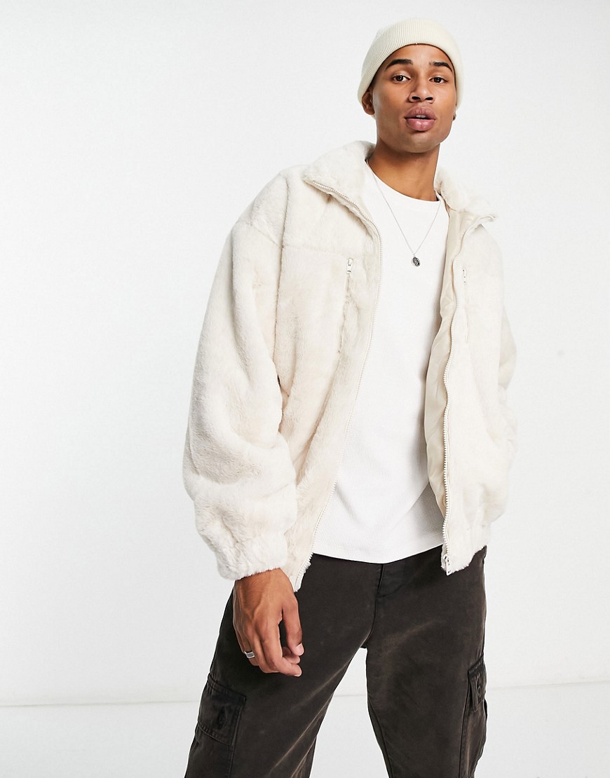 Bershka faux fur full-zip jacket in sand-White