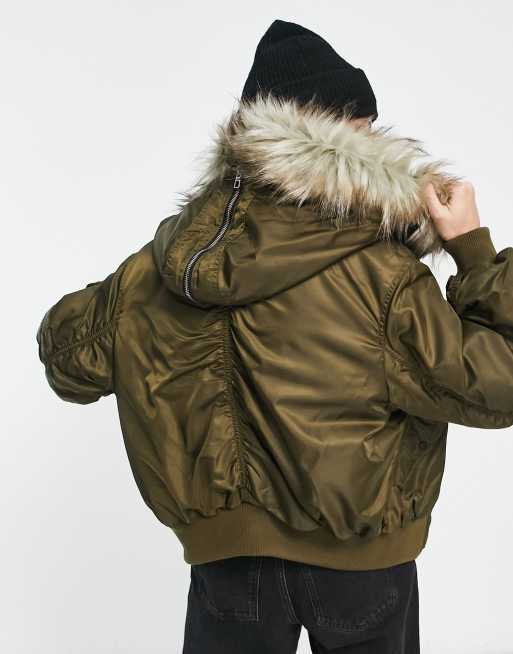 Green bomber jacket store with fur hood