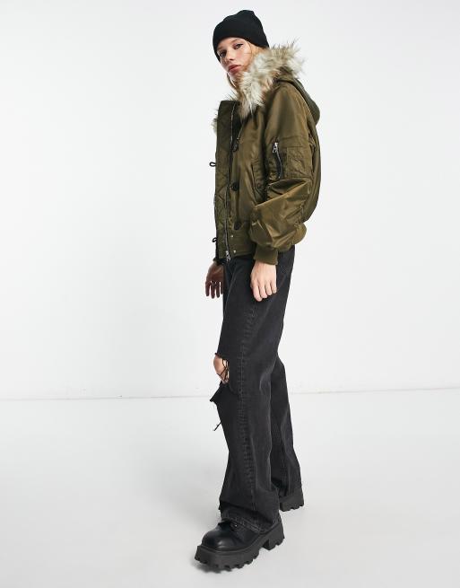 Bershka faux fur hooded bomber jacket in khaki | ASOS