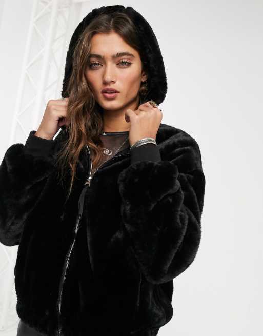 Bershka faux fur cropped jacket in black