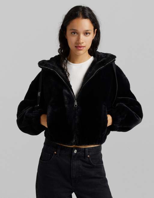 Black faux fur store cropped hooded jacket