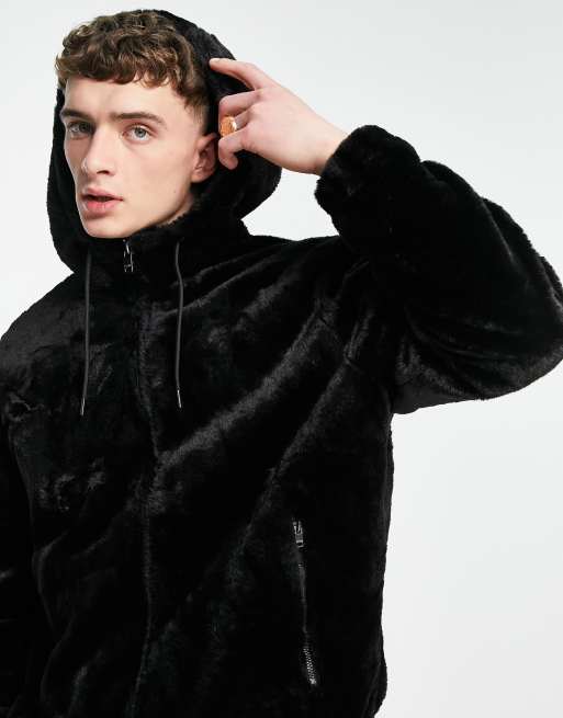 Bershka faux fur hooded jacket in black | ASOS