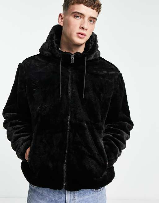 Bershka faux fur hooded jacket in black