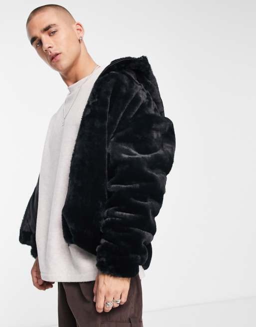 Bershka faux fur hooded jacket in black - ShopStyle