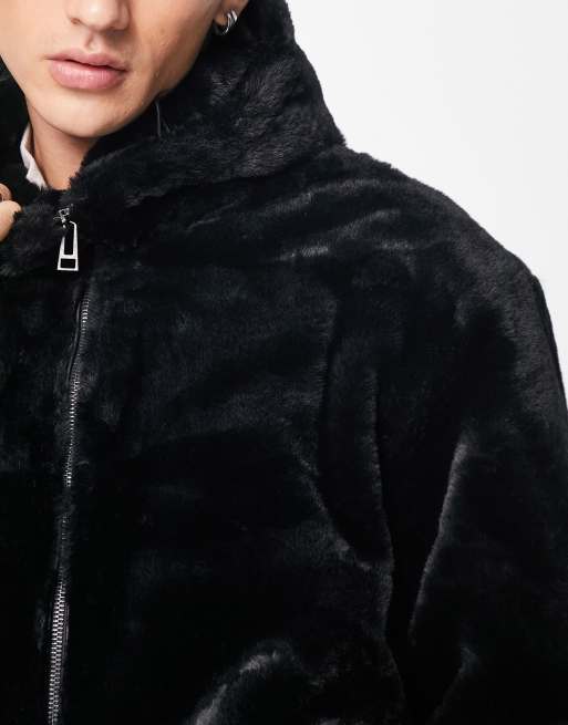 Bershka faux fur hooded jacket in black