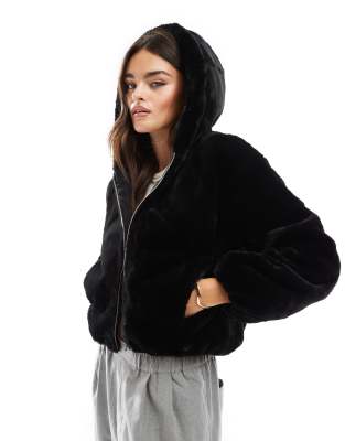 Bershka Faux Fur Hooded Jacket In Black