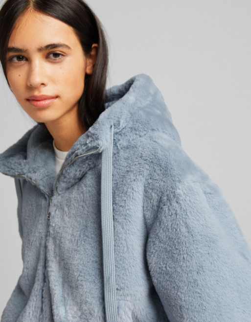 Blue faux fur hooded cheap jacket