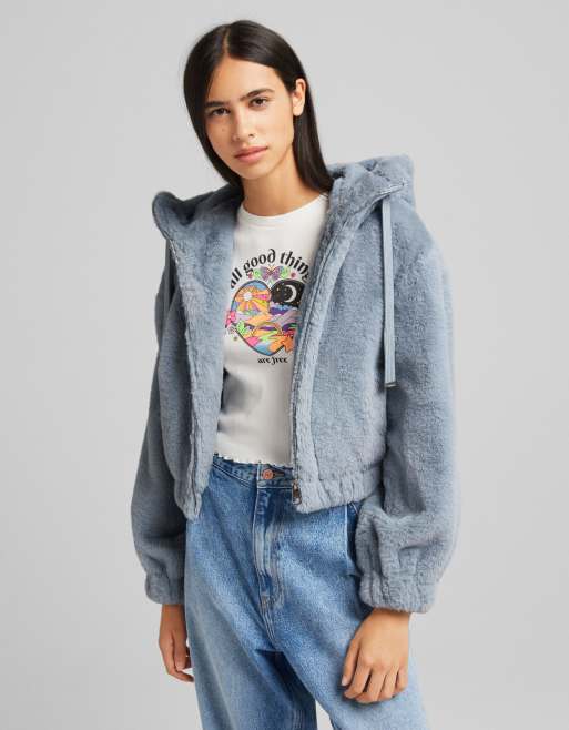 Bershka faux fur hooded jacket in blue