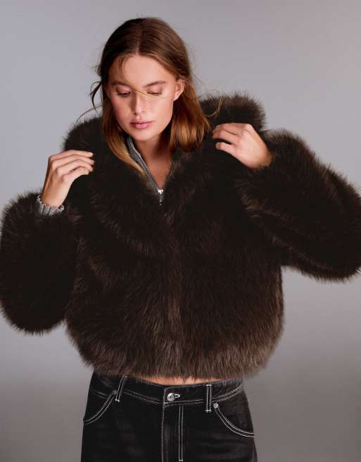 Bershka Faux fur hooded jacket in brown, 2 of 6