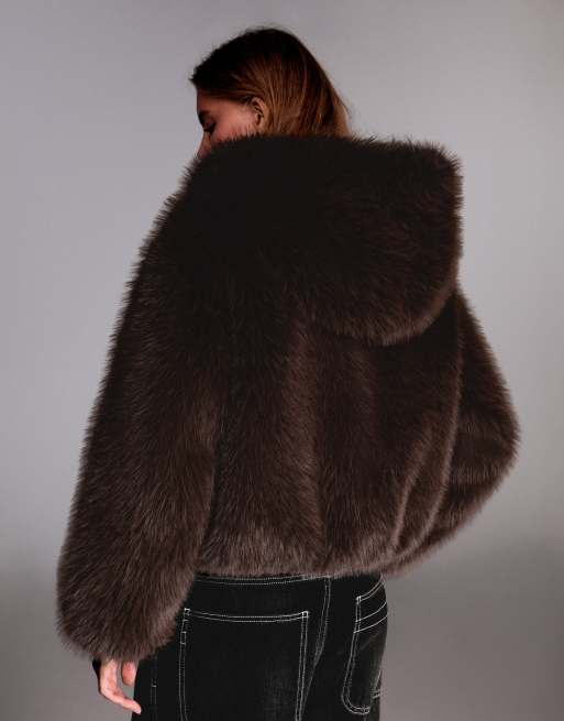 Bershka Faux fur hooded jacket in brown, 3 of 6