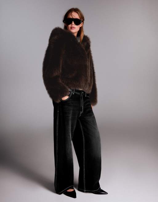 Bershka Faux fur hooded jacket in brown, 4 of 6
