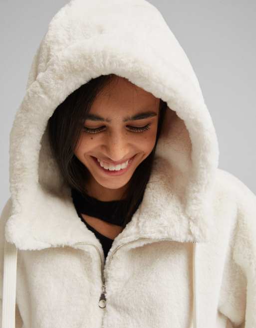 Bershka faux fur hooded jacket in white | ASOS