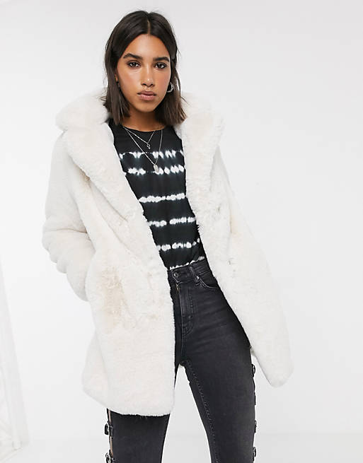 Bershka faux fur longline coat in ecru | ASOS
