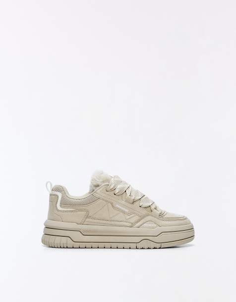 Bershka faux-fur skate sneakers in lichtbruin - view 1