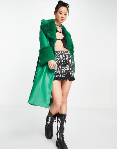 Bershka faux fur trim tie waist coat in green - view 1