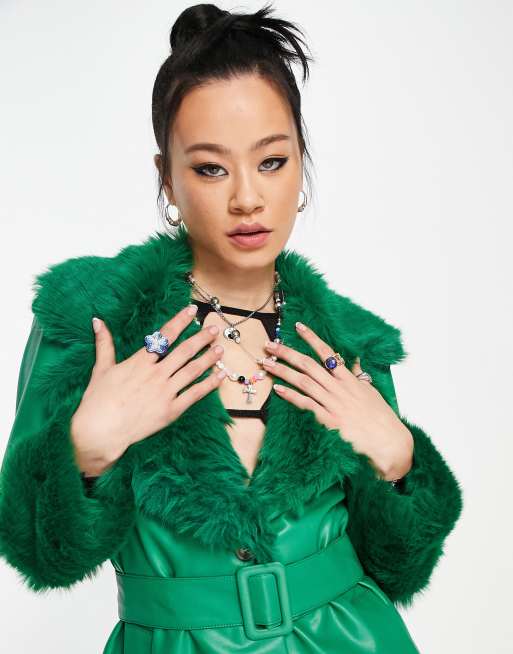 Bershka Faux Fur Trim Tie Waist Coat in Green worn by Sonia (Nadia