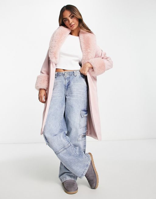 Bershka faux fur trim tie waist coat in light pink | ASOS