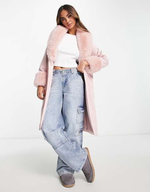 Pale pink faux on sale fur longline coat