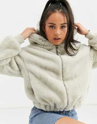 bershka faux fur jacket with hood