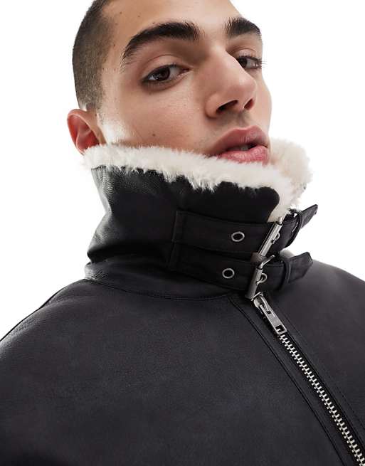 Bershka faux leather aviator jacket in black | ASOS Bershka faux leather aviator jacket in black | ASOS