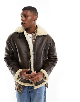 Bershka faux leather aviator jacket in brown - ASOS Price Checker