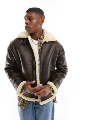 Bershka faux leather aviator jacket in brown